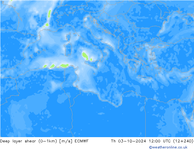 Deep layer shear (0-1km) ECMWF do 03.10.2024 12 UTC