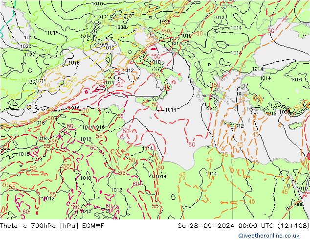 Theta-e 700hPa ECMWF Sa 28.09.2024 00 UTC