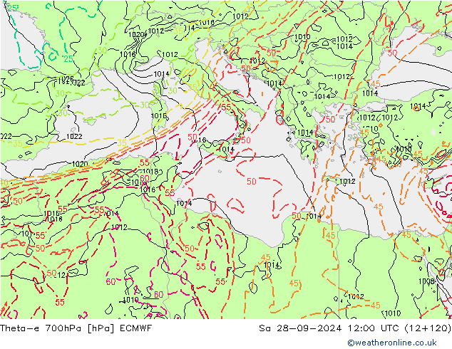 Theta-e 700hPa ECMWF Sáb 28.09.2024 12 UTC