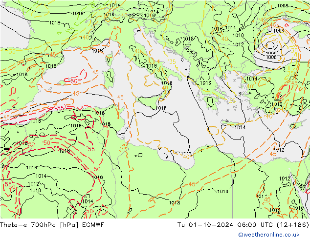 Theta-e 700гПа ECMWF вт 01.10.2024 06 UTC