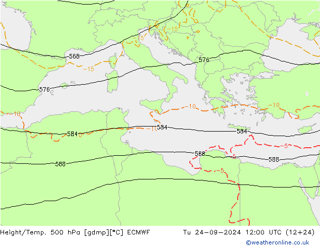 Z500/Rain (+SLP)/Z850 ECMWF Di 24.09.2024 12 UTC