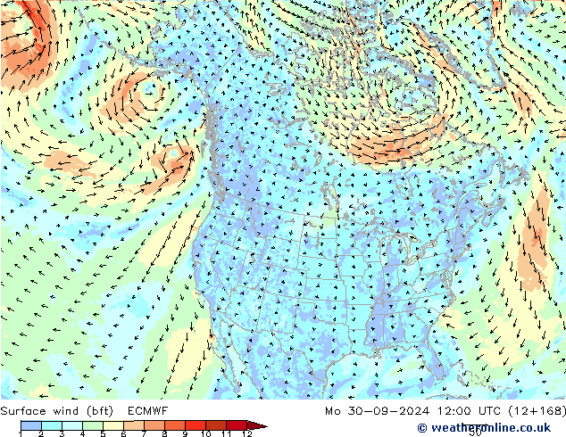 Surface wind (bft) ECMWF Po 30.09.2024 12 UTC