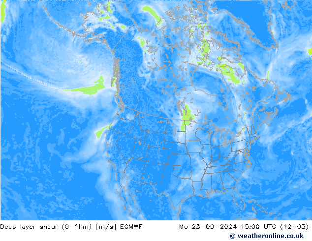 Deep layer shear (0-1km) ECMWF pon. 23.09.2024 15 UTC