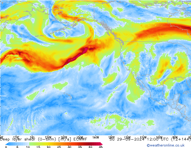 Deep layer shear (0-6km) ECMWF Su 29.09.2024 12 UTC