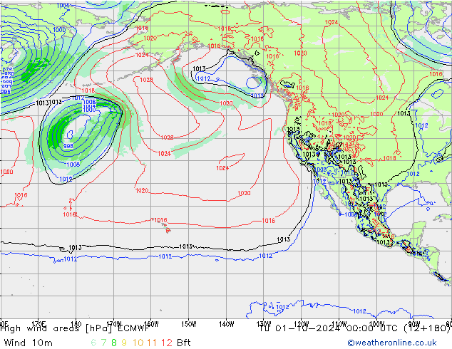 High wind areas ECMWF Út 01.10.2024 00 UTC