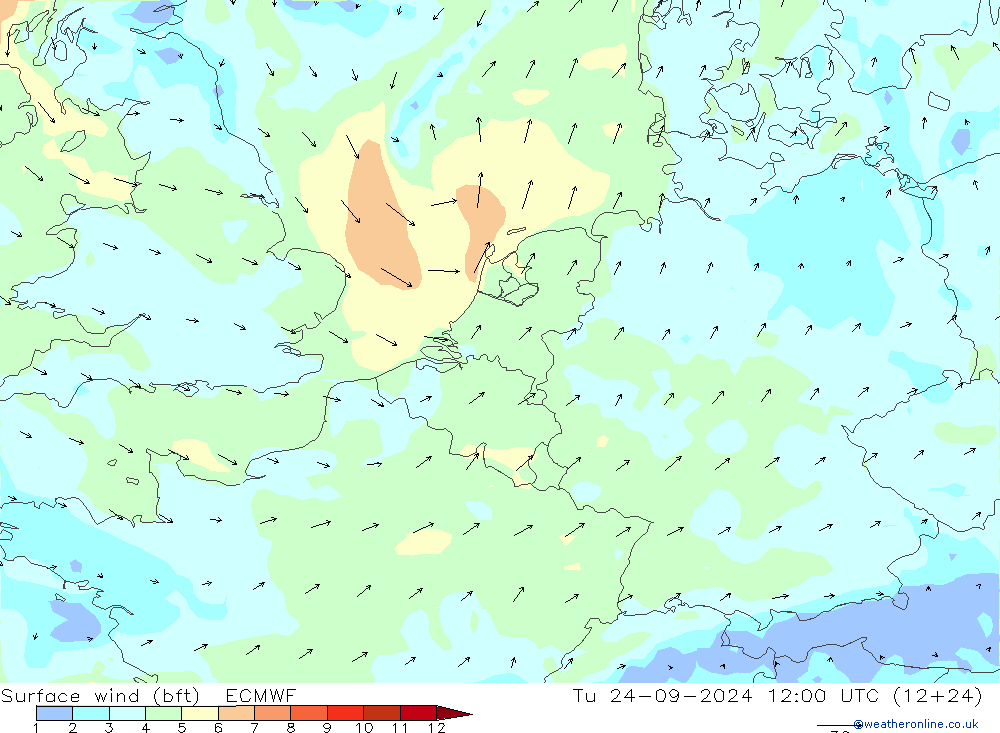 Rüzgar 10 m (bft) ECMWF Sa 24.09.2024 12 UTC