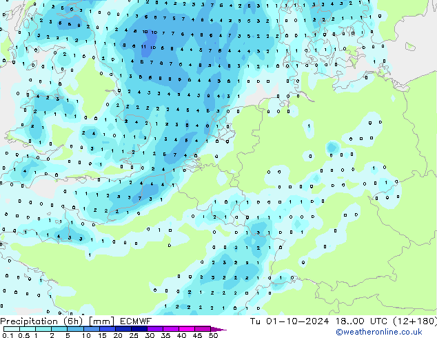 Precipitation (6h) ECMWF Út 01.10.2024 00 UTC