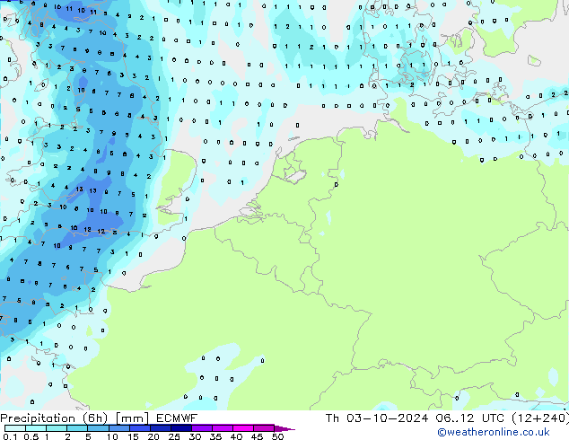 Precipitation (6h) ECMWF Th 03.10.2024 12 UTC