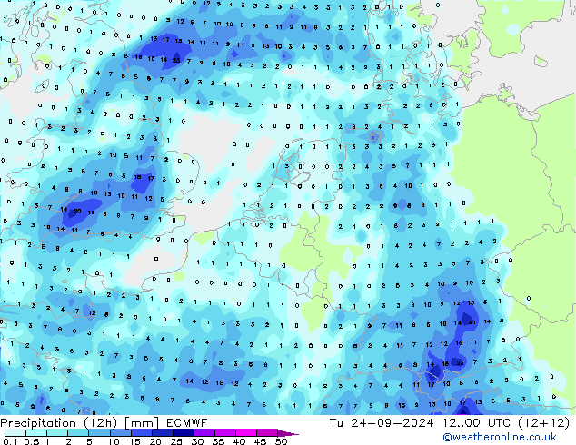 Totale neerslag (12h) ECMWF di 24.09.2024 00 UTC