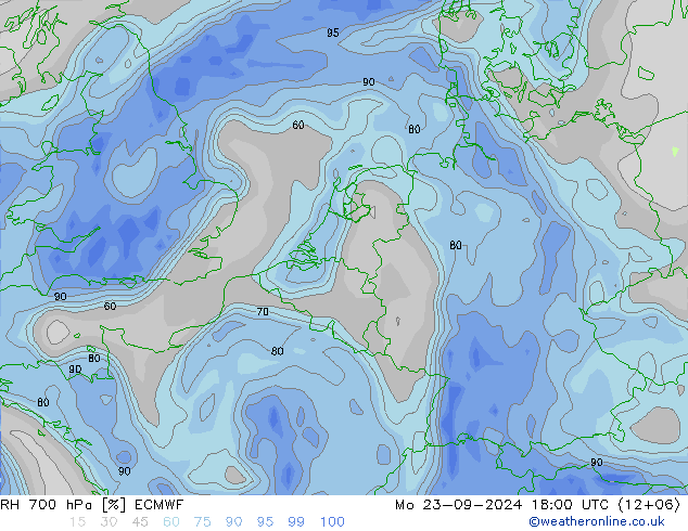 RH 700 hPa ECMWF Mo 23.09.2024 18 UTC