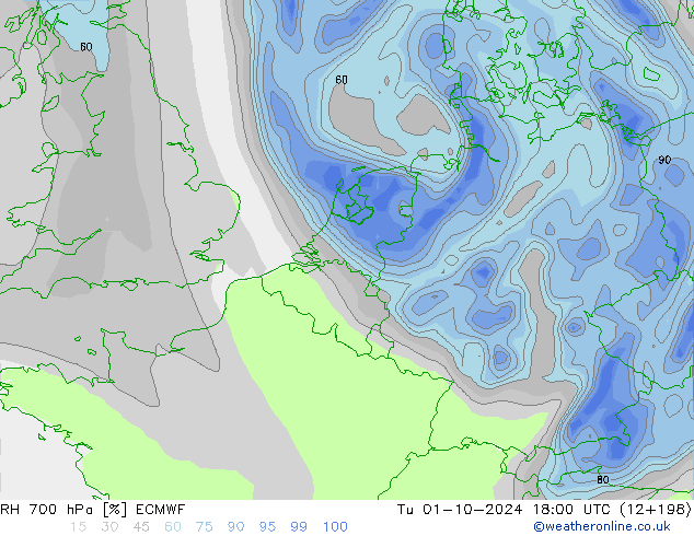 RH 700 hPa ECMWF Ter 01.10.2024 18 UTC