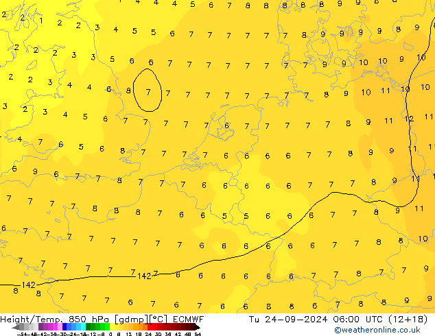 Height/Temp. 850 hPa ECMWF Út 24.09.2024 06 UTC