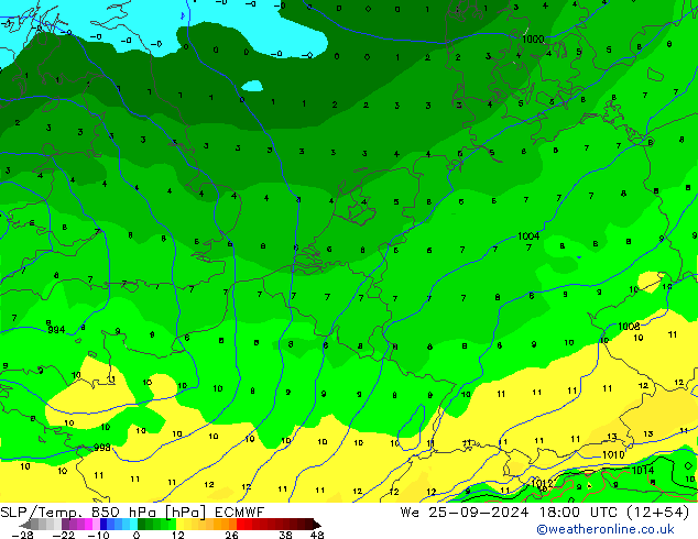 SLP/Temp. 850 hPa ECMWF śro. 25.09.2024 18 UTC