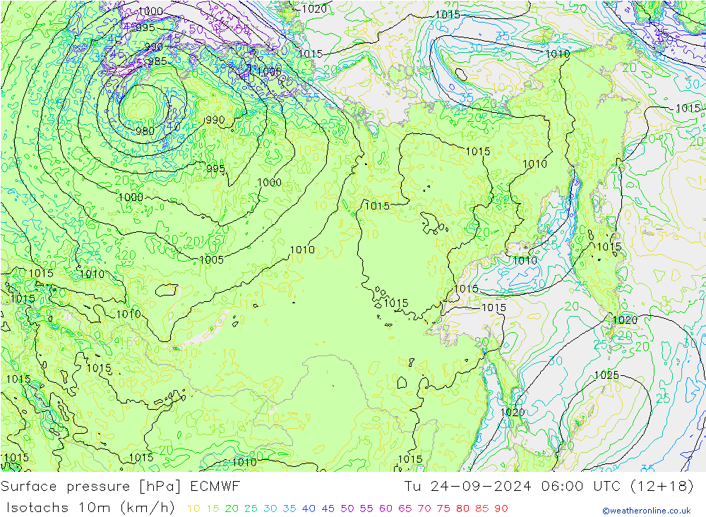 Isotachs (kph) ECMWF  24.09.2024 06 UTC