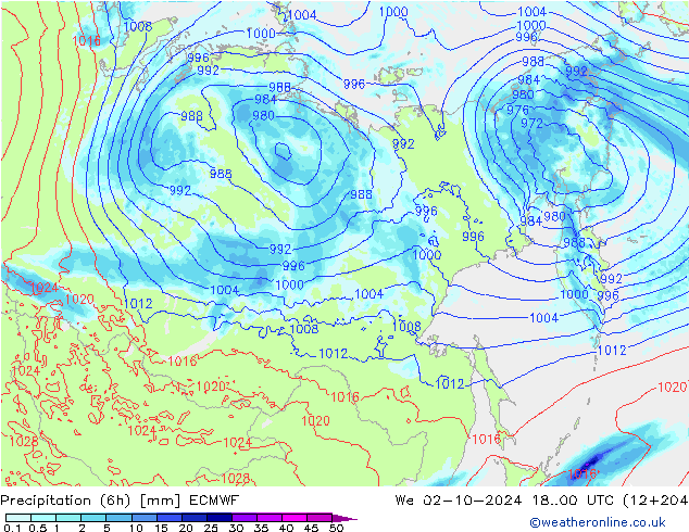 Totale neerslag (6h) ECMWF wo 02.10.2024 00 UTC