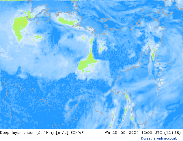 Deep layer shear (0-1km) ECMWF ср 25.09.2024 12 UTC