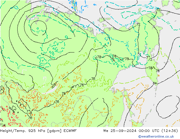 Geop./Temp. 925 hPa ECMWF mié 25.09.2024 00 UTC