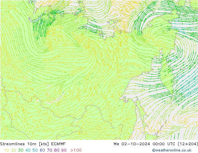 Streamlines 10m ECMWF St 02.10.2024 00 UTC