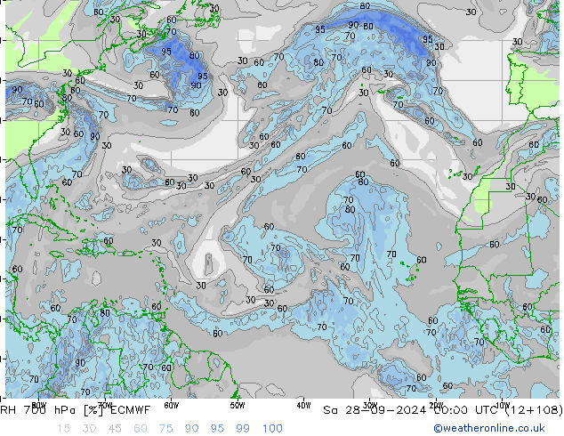 Humedad rel. 700hPa ECMWF sáb 28.09.2024 00 UTC