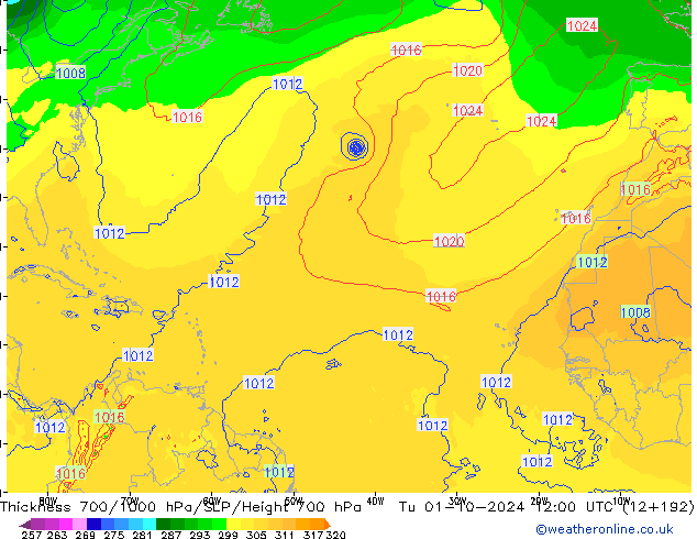 Thck 700-1000 hPa ECMWF Tu 01.10.2024 12 UTC