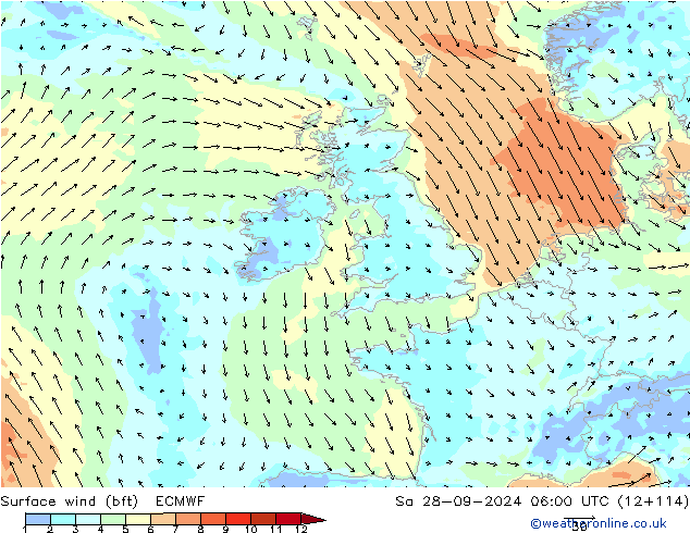 Surface wind (bft) ECMWF Sa 28.09.2024 06 UTC