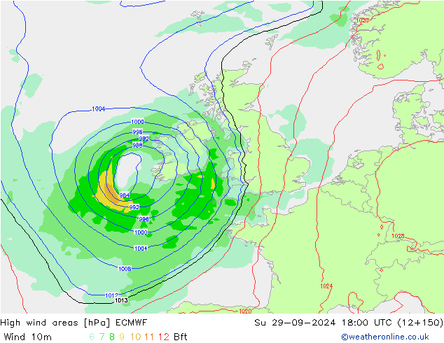 High wind areas ECMWF Вс 29.09.2024 18 UTC