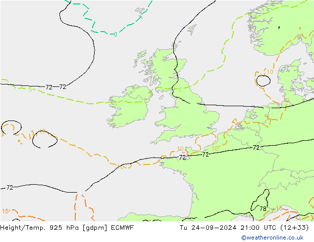 Height/Temp. 925 гПа ECMWF вт 24.09.2024 21 UTC