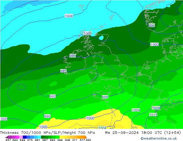 Thck 700-1000 hPa ECMWF We 25.09.2024 18 UTC