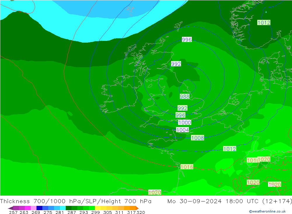 Thck 700-1000 hPa ECMWF lun 30.09.2024 18 UTC