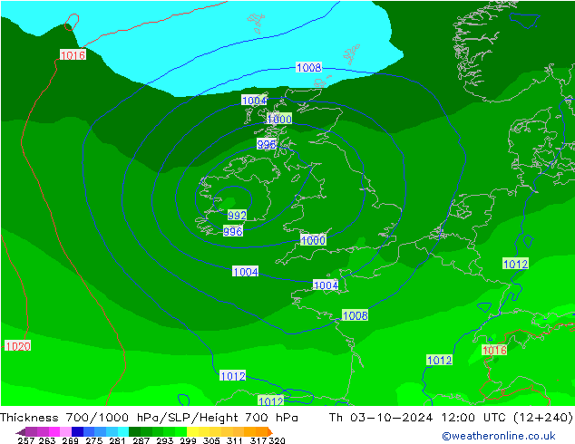 Thck 700-1000 hPa ECMWF czw. 03.10.2024 12 UTC