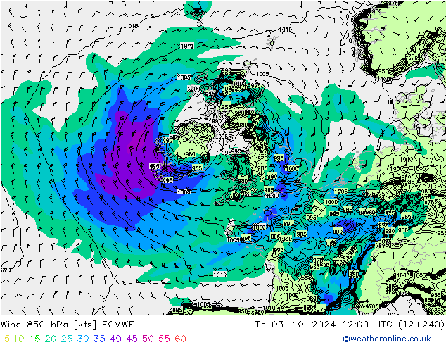 Vento 850 hPa ECMWF gio 03.10.2024 12 UTC