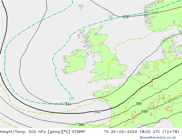 Z500/Rain (+SLP)/Z850 ECMWF Čt 26.09.2024 18 UTC