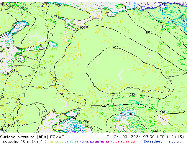 Isotaca (kph) ECMWF mar 24.09.2024 03 UTC