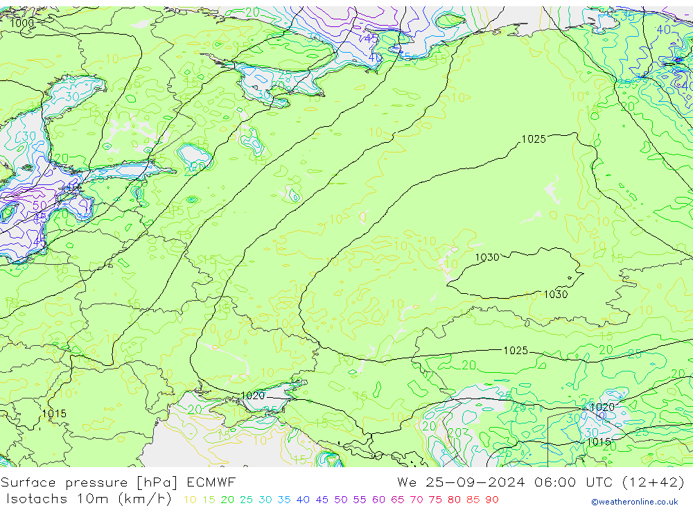 Isotachs (kph) ECMWF ср 25.09.2024 06 UTC