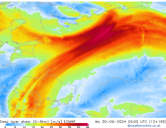 Deep layer shear (0-6km) ECMWF Mo 30.09.2024 00 UTC