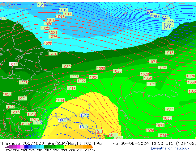 Espesor 700-1000 hPa ECMWF lun 30.09.2024 12 UTC