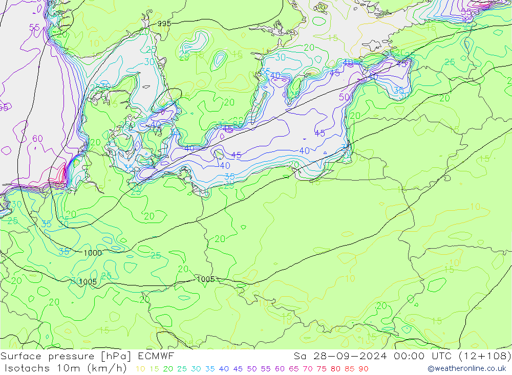 Isotachs (kph) ECMWF Sa 28.09.2024 00 UTC