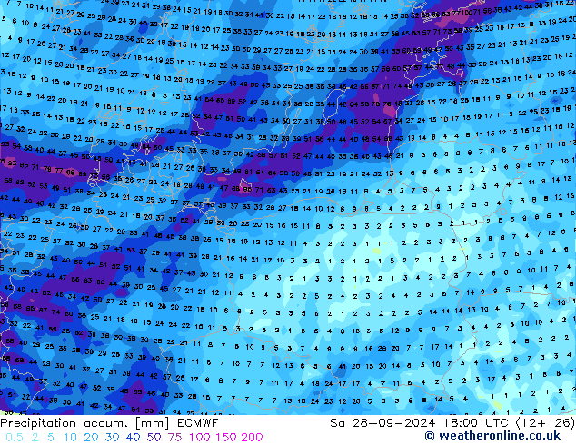 Precipitation accum. ECMWF Sa 28.09.2024 18 UTC