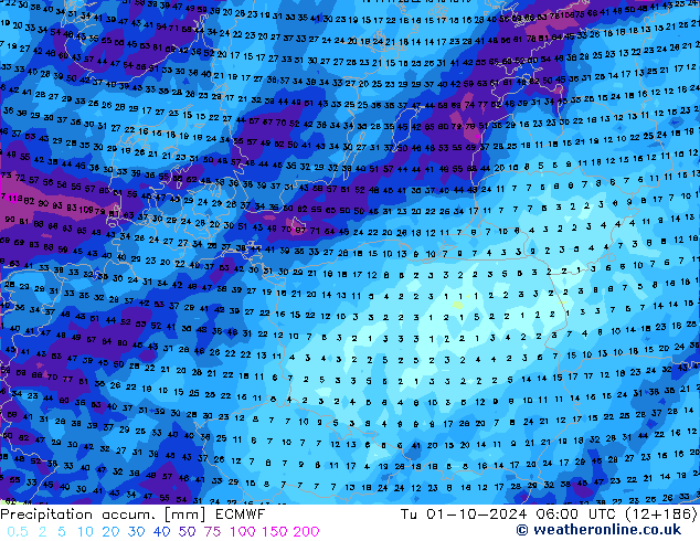 Precipitation accum. ECMWF wto. 01.10.2024 06 UTC