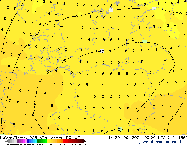 Height/Temp. 925 hPa ECMWF pon. 30.09.2024 00 UTC