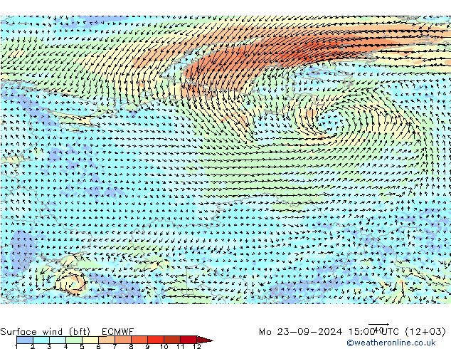 Vent 10 m (bft) ECMWF lun 23.09.2024 15 UTC