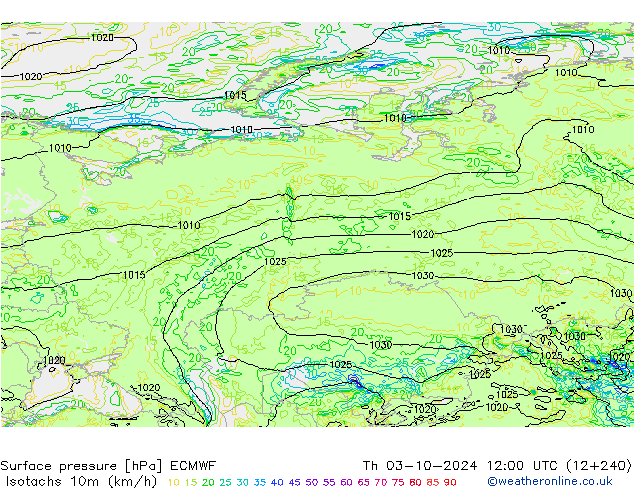 Izotacha (km/godz) ECMWF czw. 03.10.2024 12 UTC