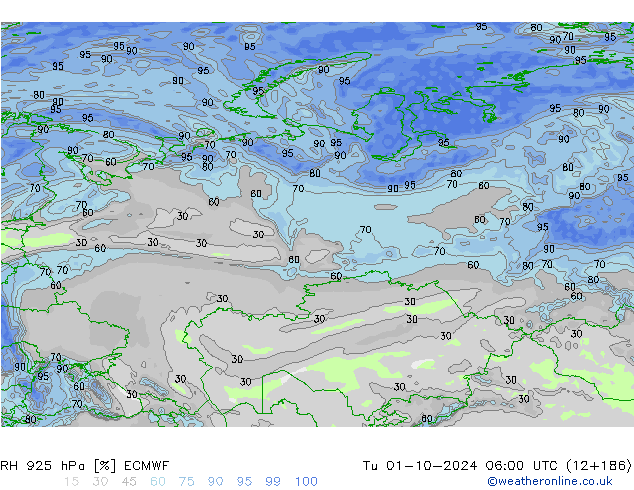 RH 925 hPa ECMWF Tu 01.10.2024 06 UTC