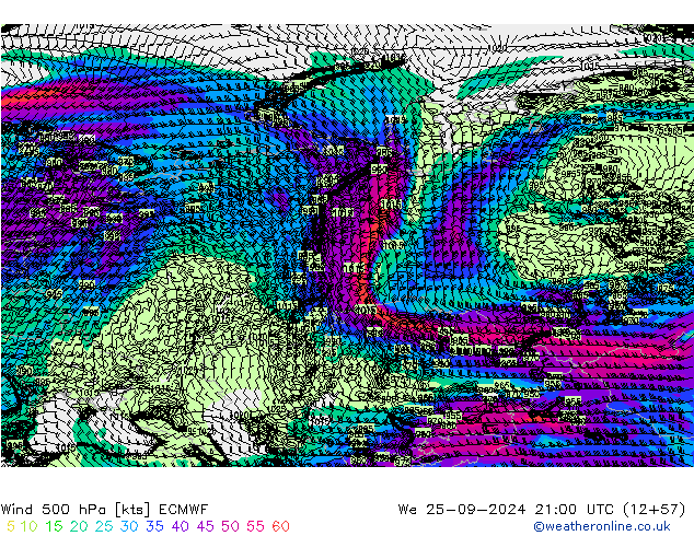 Vento 500 hPa ECMWF Qua 25.09.2024 21 UTC