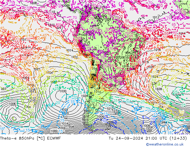 Theta-e 850hPa ECMWF Tu 24.09.2024 21 UTC