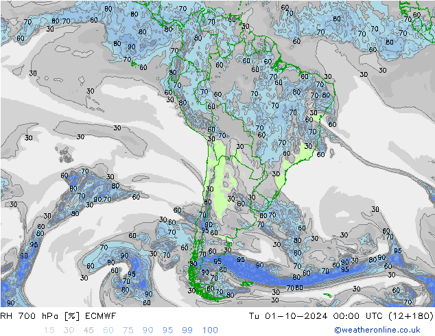 RH 700 гПа ECMWF вт 01.10.2024 00 UTC