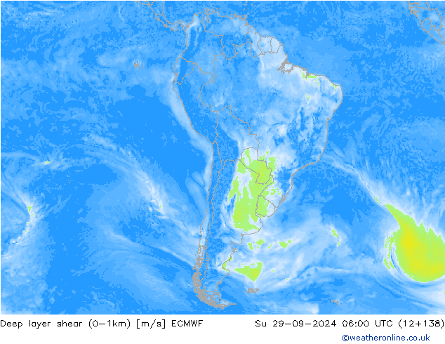 Deep layer shear (0-1km) ECMWF  29.09.2024 06 UTC