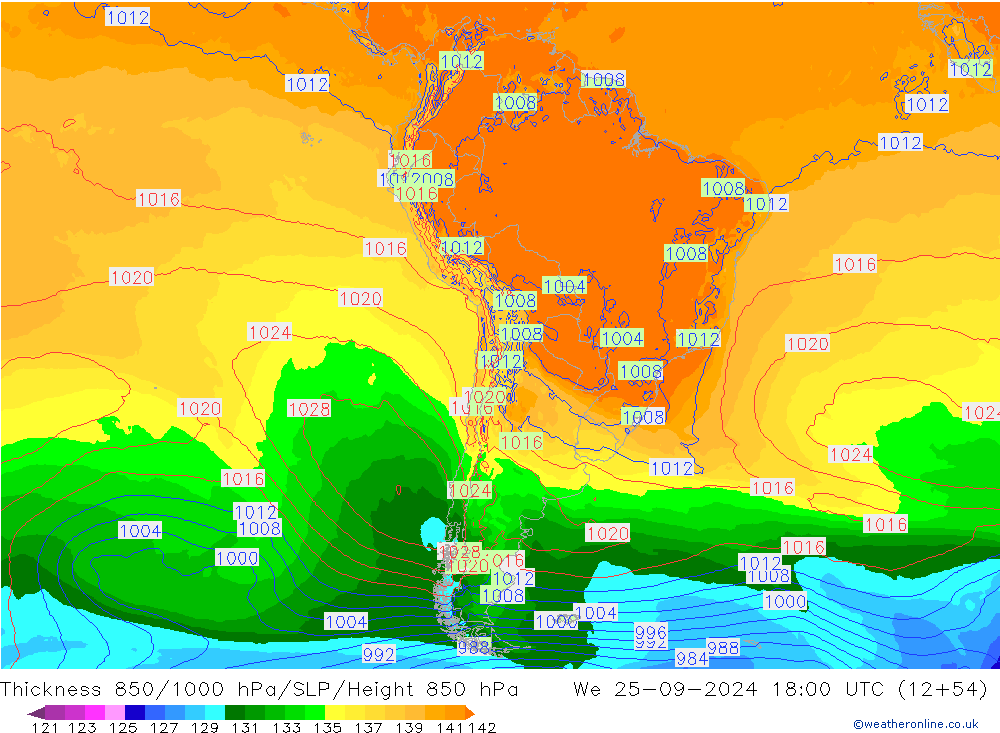 Thck 850-1000 hPa ECMWF mer 25.09.2024 18 UTC