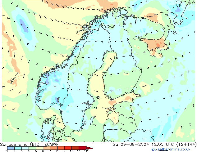 Surface wind (bft) ECMWF Su 29.09.2024 12 UTC