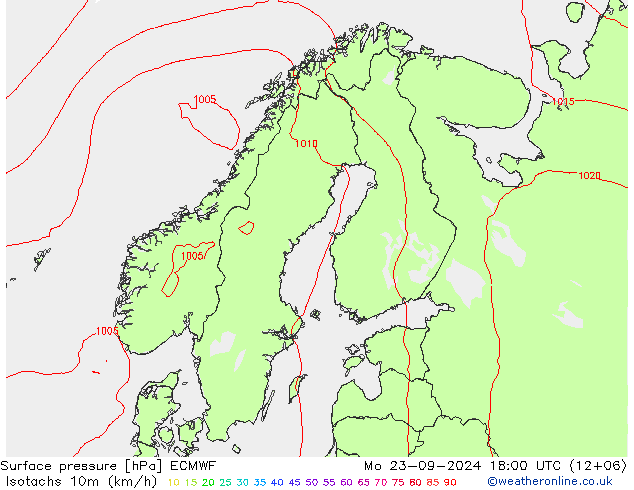 Isotachs (kph) ECMWF Mo 23.09.2024 18 UTC